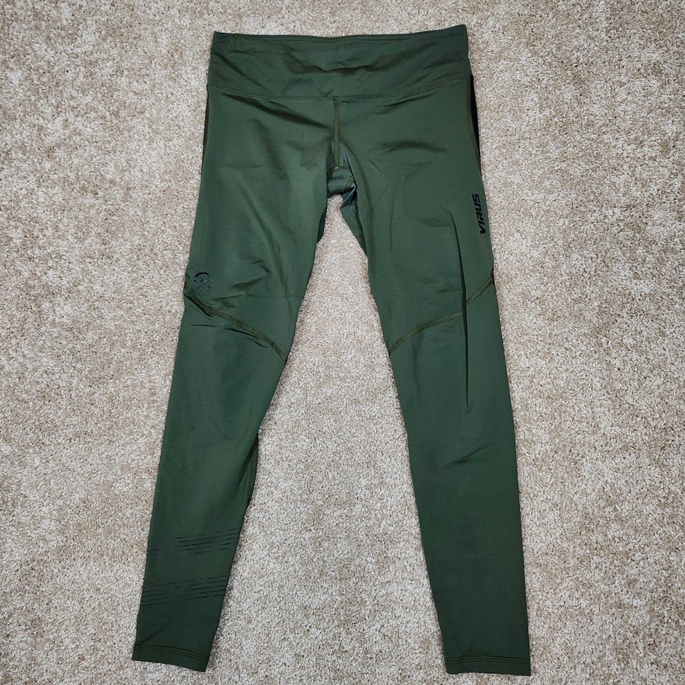 Virus Leggings Olive Green Mesh Panel Athletic Performance Tights Large